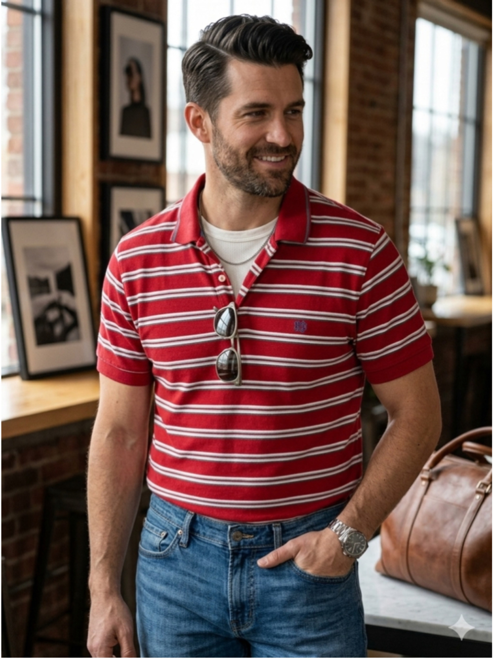 Men's Chaps Polo Shirt Size M Red White Striped Short Sleeve 2098